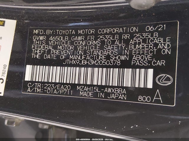 46069864 :رقم المزاد ، JTHX9JBH3M2050378 vin ، 2021 Lexus Ux 250h مزاد بيع