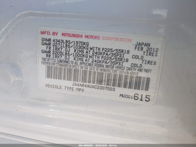 46069867 :رقم المزاد ، JA4AR4AUXCZ007003 vin ، 2012 Mitsubishi Outlander Sport Se مزاد بيع