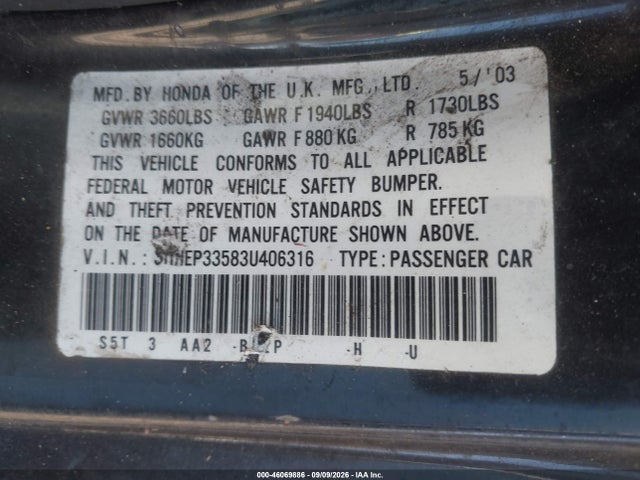 46069886 :رقم المزاد ، SHHEP33583U406316 vin ، 2003 Honda Civic Si مزاد بيع