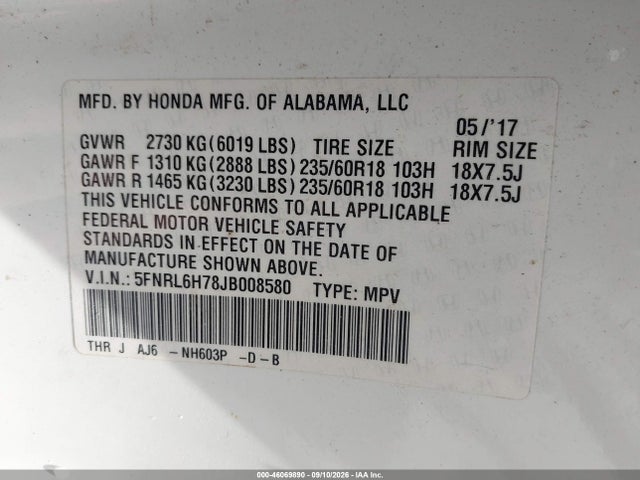 Продажа на аукционе авто 2018 Honda Odyssey Ex-l, vin: 5FNRL6H78JB008580, номер лота: 46069890