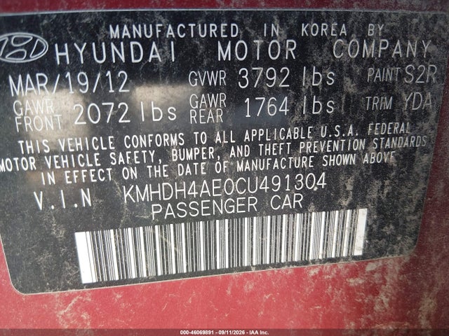 46069891 :رقم المزاد ، KMHDH4AE0CU491304 vin ، 2012 Hyundai Elantra Limited (ulsan Plant) مزاد بيع