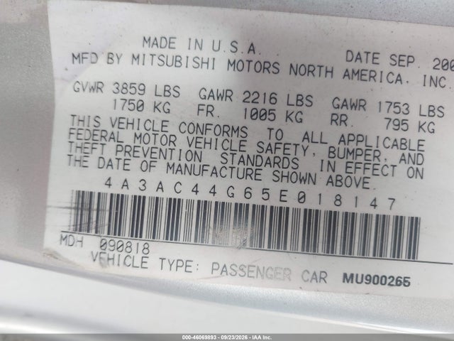2005 Mitsubishi Eclipse Gs მანქანა იყიდება აუქციონზე, vin: 4A3AC44G65E018147, აუქციონის ნომერი: 46069893