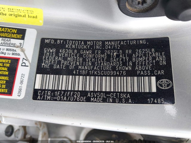 46069894 :رقم المزاد ، 4T1BF1FK5CU099476 vin ، 2012 Toyota Camry Se مزاد بيع