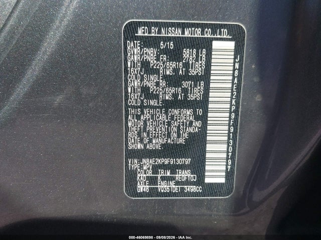2015 Nissan Quest Platinum/s/sl/sv მანქანა იყიდება აუქციონზე, vin: JN8AE2KP9F9130797, აუქციონის ნომერი: 46069898