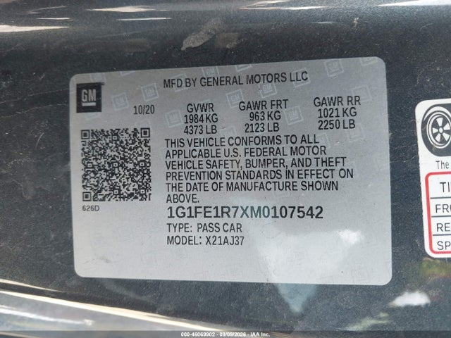 Aukcja sprzedaży 2021 Chevrolet Camaro, vin: 1G1FE1R7XM0107542, numer aukcji: 46069902