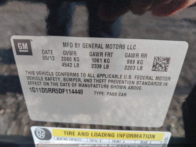 2013 Chevrolet Malibu Eco მანქანა იყიდება აუქციონზე, vin: 1G11D5RR5DF114448, აუქციონის ნომერი: 46069907