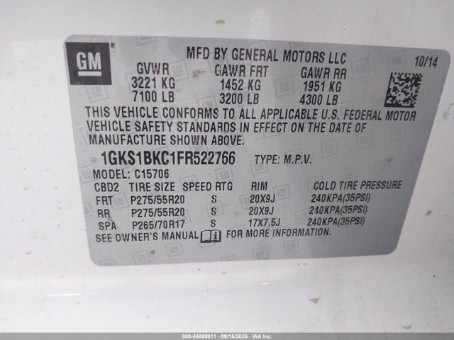 Продажа на аукционе авто 2015 Gmc Yukon Slt, vin: 1GKS1BKC1FR522766, номер лота: 46069911