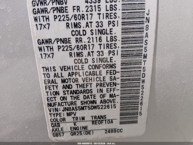 46069915 :رقم المزاد ، JN8AS5MT5DW522615 vin ، 2013 Nissan Rogue Sv مزاد بيع