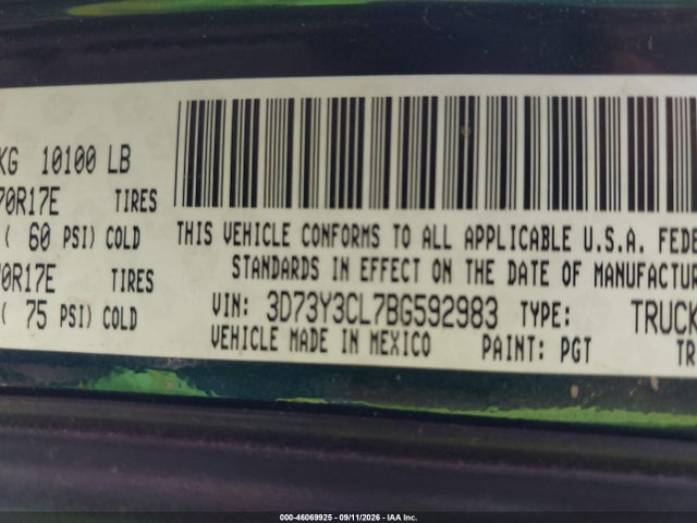 Продаж на аукціоні авто 2011 Ram Ram 3500 St, vin: 3D73Y3CL7BG592983, номер лоту: 46069925