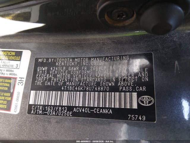 2008 Toyota Camry Le მანქანა იყიდება აუქციონზე, vin: 4T1BE46K78U748870, აუქციონის ნომერი: 46069933