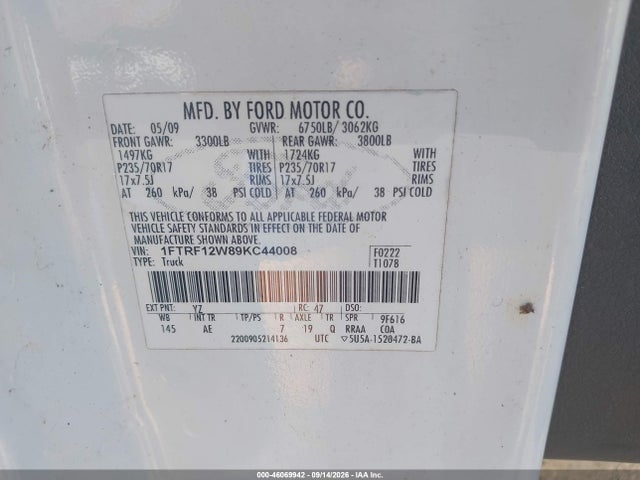2009 Ford F-150 Stx/xl/xlt მანქანა იყიდება აუქციონზე, vin: 1FTRF12W89KC44008, აუქციონის ნომერი: 46069942