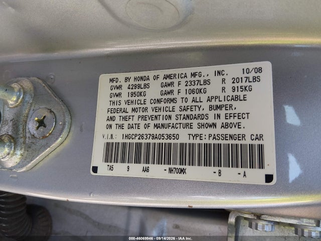 Продаж на аукціоні авто 2009 Honda Accord 2.4 Lx, vin: 1HGCP26379A053650, номер лоту: 46069946
