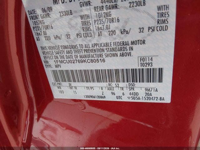 Aukcja sprzedaży 2009 Ford Escape Xls/xls Manual, vin: 1FMCU02769KC80516, numer aukcji: 46069955