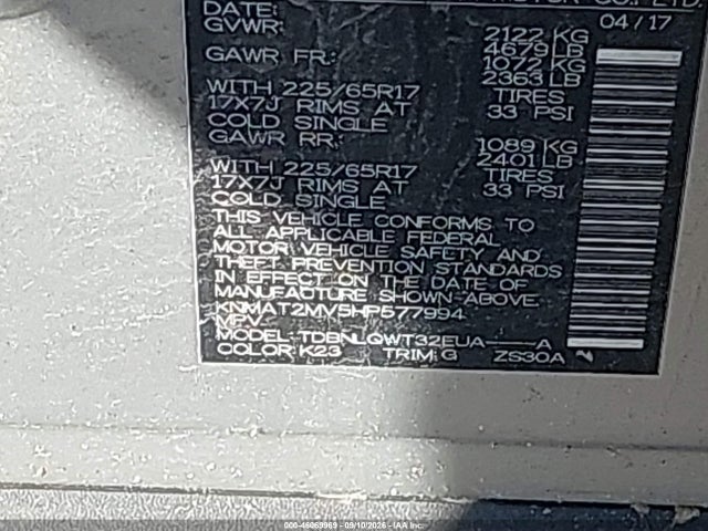 46069969 :رقم المزاد ، KNMAT2MV5HP577994 vin ، 2017 Nissan Rogue Sv مزاد بيع