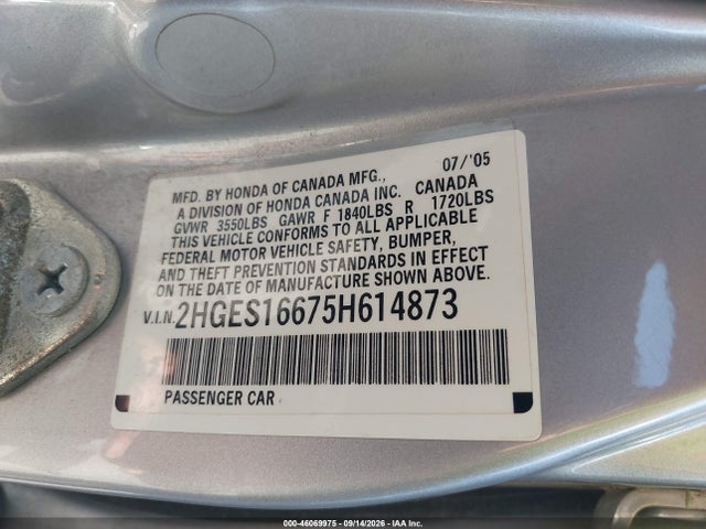 2005 Honda Civic Lx მანქანა იყიდება აუქციონზე, vin: 2HGES16675H614873, აუქციონის ნომერი: 46069975