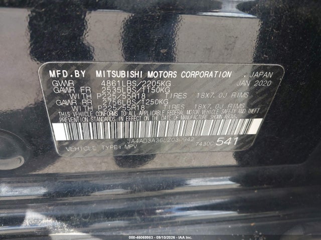 46069983 :رقم المزاد ، JA4AD3A36LZ030942 vin ، 2020 Mitsubishi Outlander Le 2.4/se 2.4/sel 2.4/sp 2.4 مزاد بيع