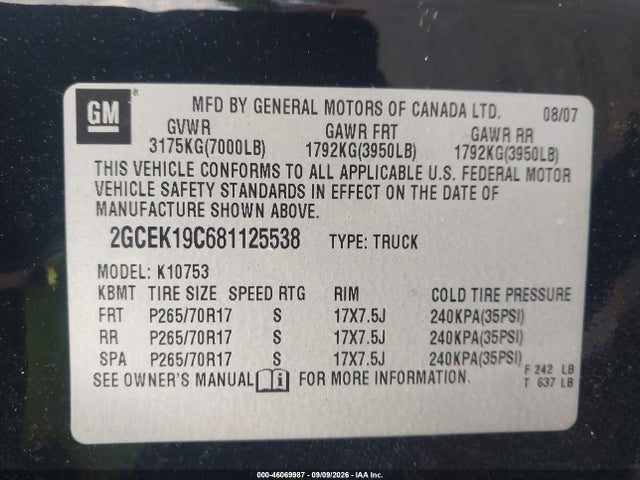 Aukcja sprzedaży 2008 Chevrolet Silverado 1500 Lt1, vin: 2GCEK19C681125538, numer aukcji: 46069987