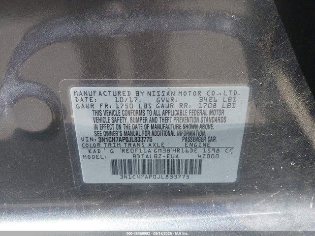 Продажа на аукционе авто 2018 Nissan Versa 1.6 Sv, vin: 3N1CN7AP0JL833775, номер лота: 46069992