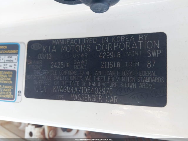 Aukcja sprzedaży 2013 Kia Optima Lx, vin: KNAGM4A71D5402976, numer aukcji: 46069995