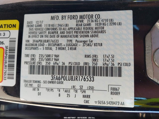 46070007 :رقم المزاد ، 3FA6P0LU8JR176533 vin ، 2018 Ford Fusion Hybrid Se مزاد بيع