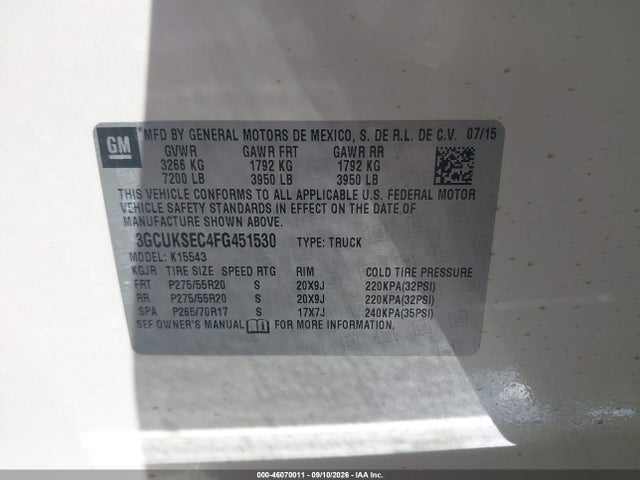 46070011 :رقم المزاد ، 3GCUKSEC4FG451530 vin ، 2015 Chevrolet Silverado 1500 2lz مزاد بيع