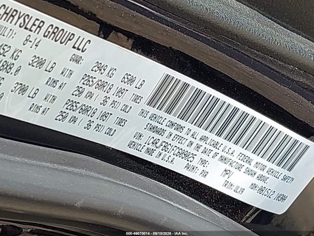 46070014 :رقم المزاد ، 1C4RJFBG1FC609025 vin ، 2015 Jeep Grand Cherokee Limited مزاد بيع