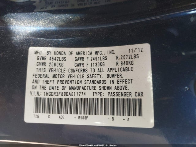 46070018 :رقم المزاد ، 1HGCR3F89DA011274 vin ، 2013 Honda Accord Ex-l V-6 مزاد بيع