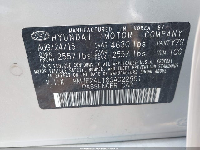 2016 Hyundai Sonata Hybrid Se მანქანა იყიდება აუქციონზე, vin: KMHE24L18GA022551, აუქციონის ნომერი: 46070020