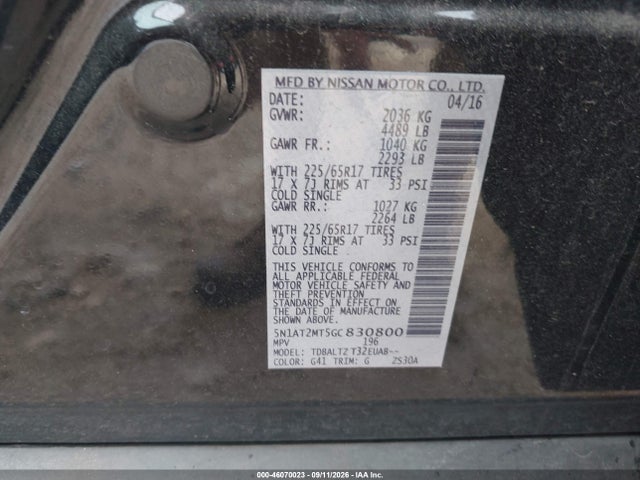 Продаж на аукціоні авто 2016 Nissan Rogue Sv, vin: 5N1AT2MT5GC830800, номер лоту: 46070023