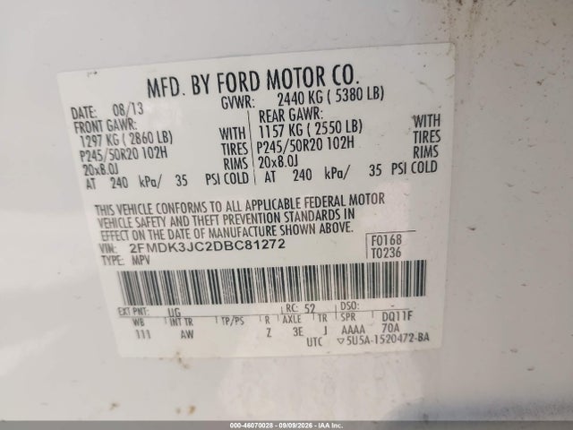 Aukcja sprzedaży 2013 Ford Edge Sel, vin: 2FMDK3JC2DBC81272, numer aukcji: 46070028