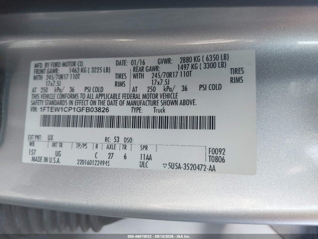 2016 Ford F-150 Xlt მანქანა იყიდება აუქციონზე, vin: 1FTEW1CP1GFB03826, აუქციონის ნომერი: 46070032