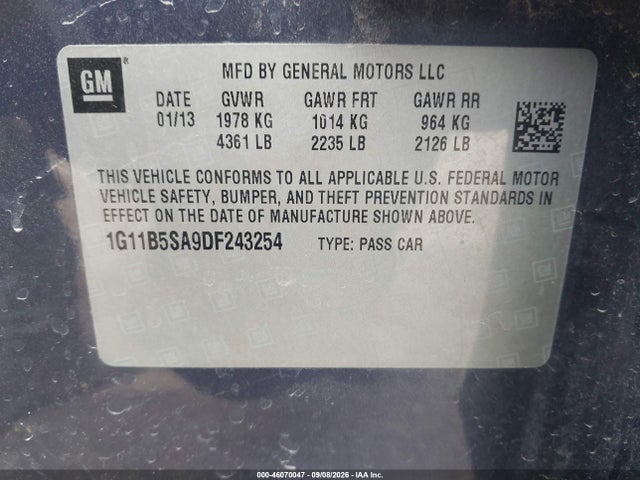46070047 :رقم المزاد ، 1G11B5SA9DF243254 vin ، 2013 Chevrolet Malibu 1ls مزاد بيع