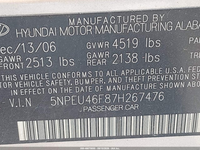 Aukcja sprzedaży 2007 Hyundai Sonata Limited/se V6, vin: 5NPEU46F87H267476, numer aukcji: 46070050