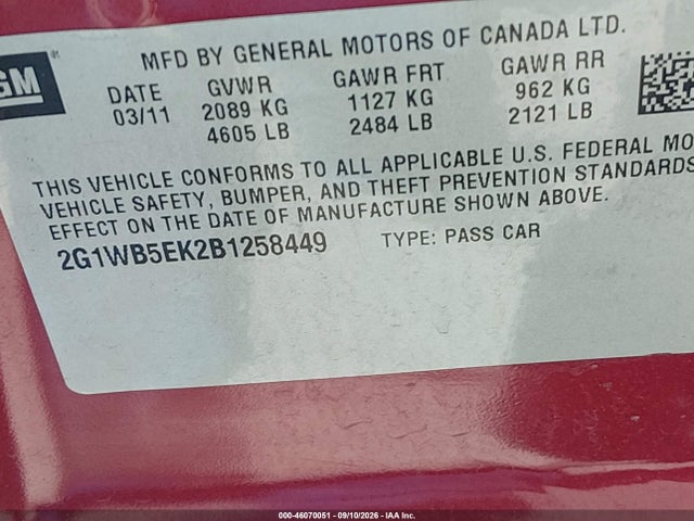 46070051 :رقم المزاد ، 2G1WB5EK2B1258449 vin ، 2011 Chevrolet Impala Lt مزاد بيع