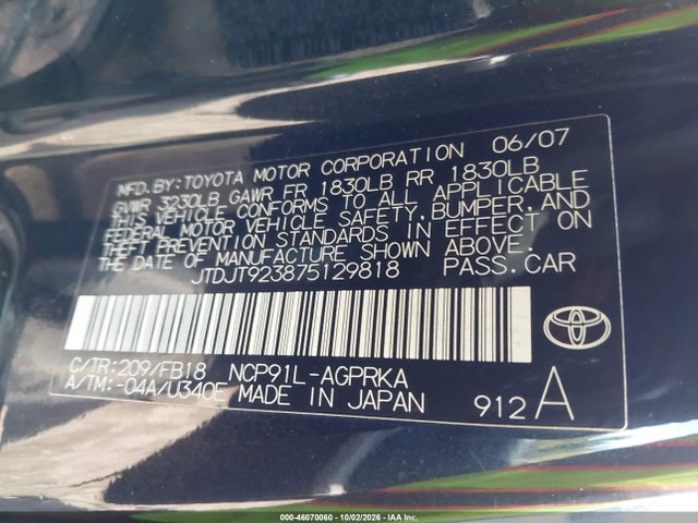 46070060 :رقم المزاد ، JTDJT923875129818 vin ، 2007 Toyota Yaris مزاد بيع