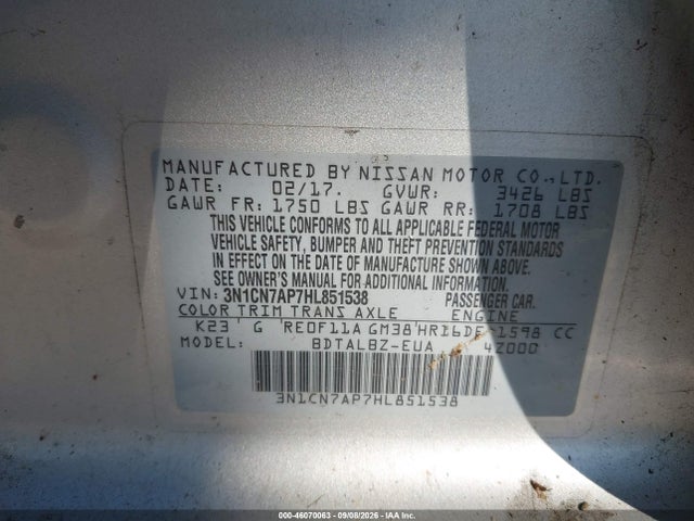 Aukcja sprzedaży 2017 Nissan Versa 1.6 Sv, vin: 3N1CN7AP7HL851538, numer aukcji: 46070063