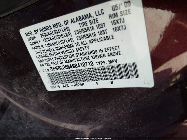 Продаж на аукціоні авто 2009 Honda Odyssey Ex-l, vin: 5FNRL38649B410713, номер лоту: 46070067
