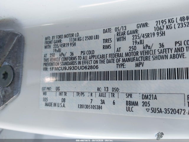 Продажа на аукционе авто 2013 Ford Escape Titanium, vin: 1FMCU9J93DUD62806, номер лота: 46070070