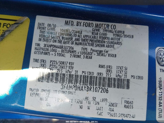 46070071 :رقم المزاد ، 3FAHP0HAXBR107206 vin ، 2011 Ford Fusion Se مزاد بيع