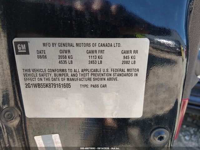 2007 Chevrolet Impala Ls მანქანა იყიდება აუქციონზე, vin: 2G1WB55K879161605, აუქციონის ნომერი: 46070093