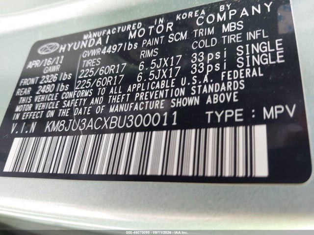Продажа на аукционе авто 2011 Hyundai Tucson Gls, vin: KM8JU3ACXBU300011, номер лота: 46070095