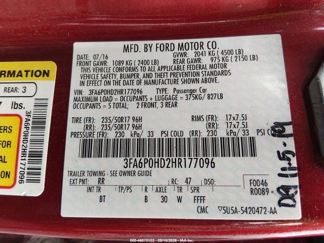 Aukcja sprzedaży 2017 Ford Fusion Se, vin: 3FA6P0HD2HR177096, numer aukcji: 46070103