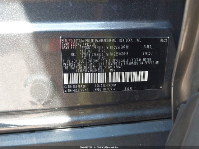 2021 Toyota Rav4 Hybrid Xle Premium მანქანა იყიდება აუქციონზე, vin: 4T3B6RFV3MU041528, აუქციონის ნომერი: 46070111