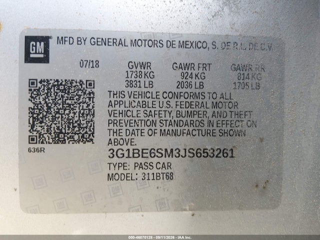 2018 Chevrolet Cruze Lt Auto მანქანა იყიდება აუქციონზე, vin: 3G1BE6SM3JS653261, აუქციონის ნომერი: 46070128