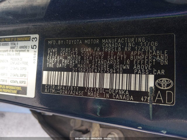 46070133 :رقم المزاد ، 2T1BR30E47C759410 vin ، 2007 Toyota Corolla Le مزاد بيع