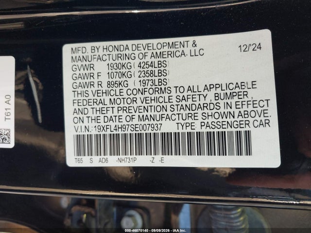 Продаж на аукціоні авто 2025 Honda Civic Hybrid Sport Touring, vin: 19XFL4H97SE007937, номер лоту: 46070140