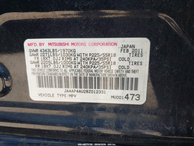 2011 Mitsubishi Outlander Sport Se მანქანა იყიდება აუქციონზე, vin: JA4AP4AU2BZ012331, აუქციონის ნომერი: 46070156