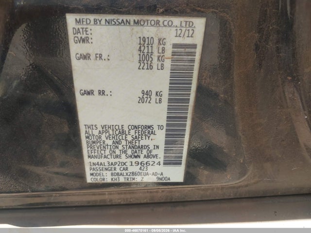 Продажа на аукционе авто 2013 Nissan Altima 2.5 Sl, vin: 1N4AL3AP2DC196624, номер лота: 46070161