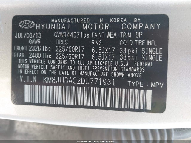 Продажа на аукционе авто 2013 Hyundai Tucson Gls, vin: KM8JU3AC2DU771931, номер лота: 46070162