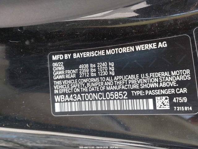 Продаж на аукціоні авто 2022 Bmw 430i Xdrive, vin: WBA43AT00NCL05852, номер лоту: 46070165
